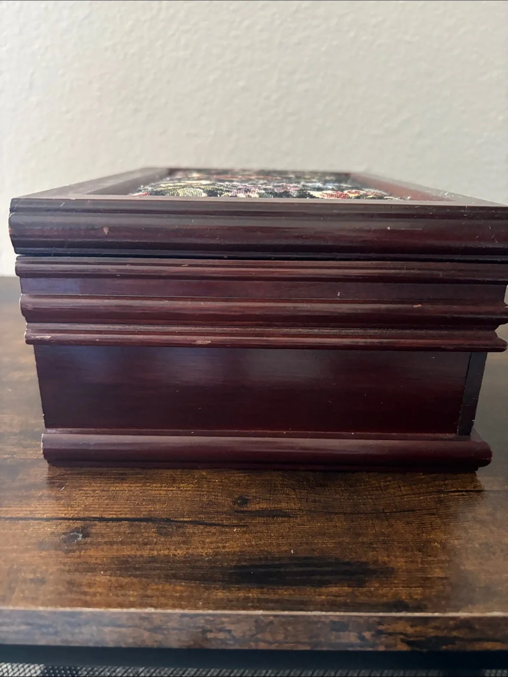 Vintage Wooden Jewelry Box Floral Needlepoint Tapestry Top Brown Burgundy